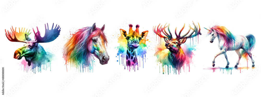 Watercolor picture of moose, giraffe, horse, deer, unicorn. Rainbow color. AI generated