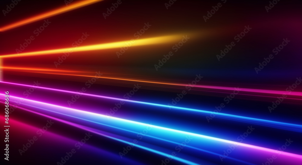speed motion blur purple red blue yellow road black background and sun shine. generative ai