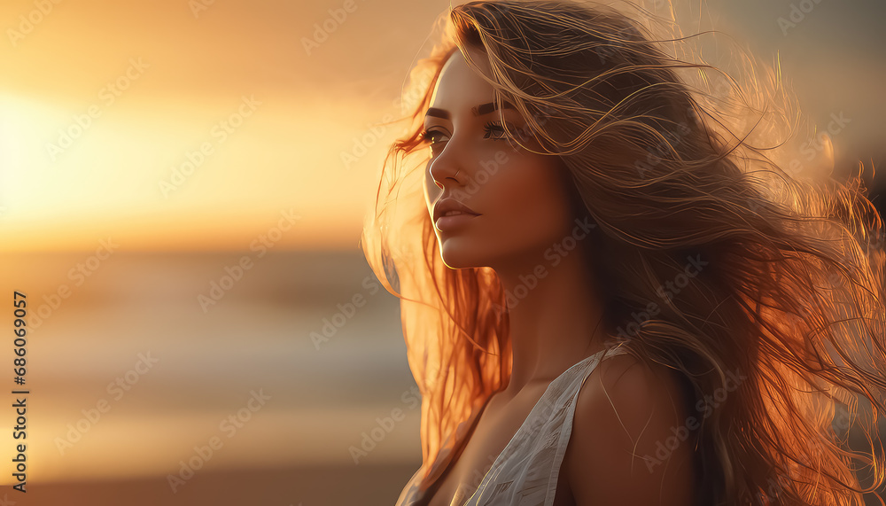 European woman with wind in her hair at sunset on the beach ,spring concept