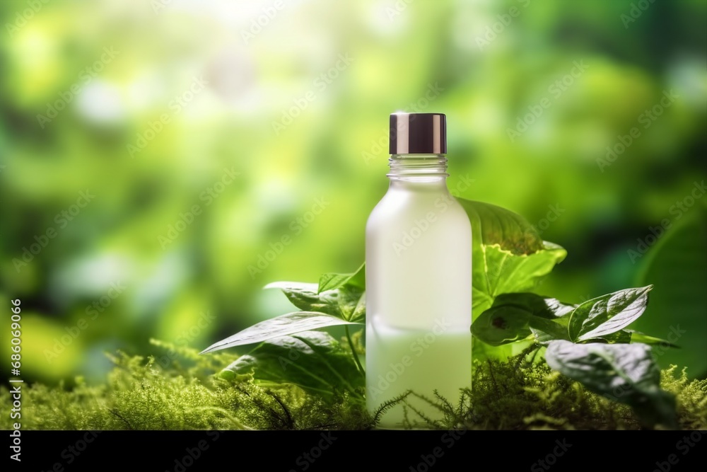 cosmetic bottle on nature background. generative ai. cosmetic bottle on nature background. generative ai.