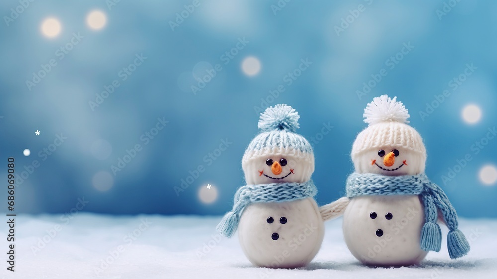 Little knitted snowmans on soft snow on blue background, copy space and generative ai