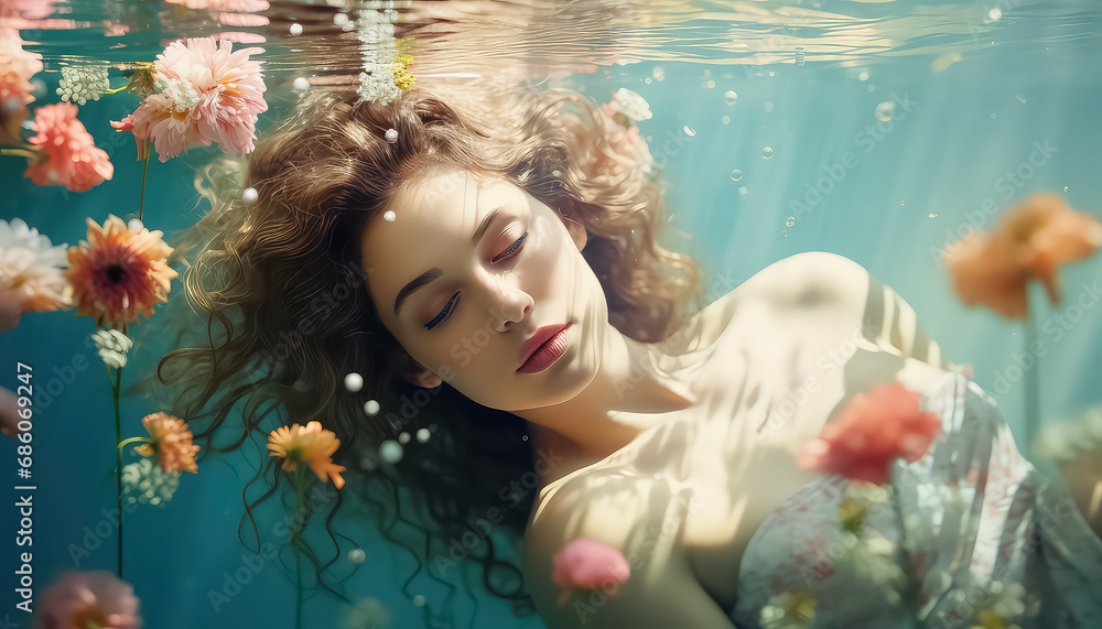 Woman with flowers in the water ,spring concept