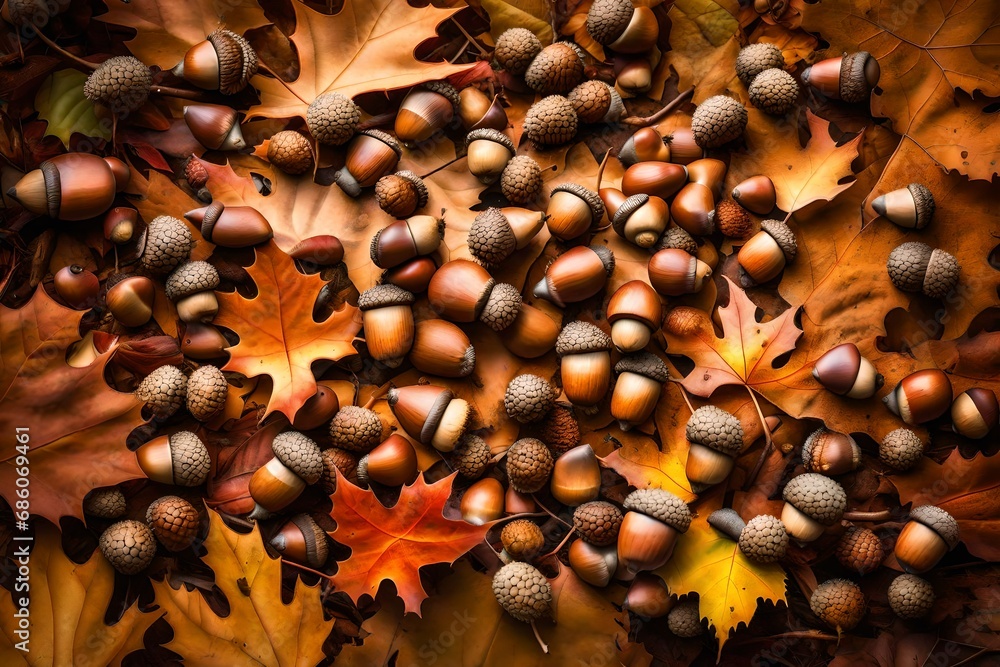 A cluster of acorns, scattered on the forest floor, surrounded by fallen leaves.