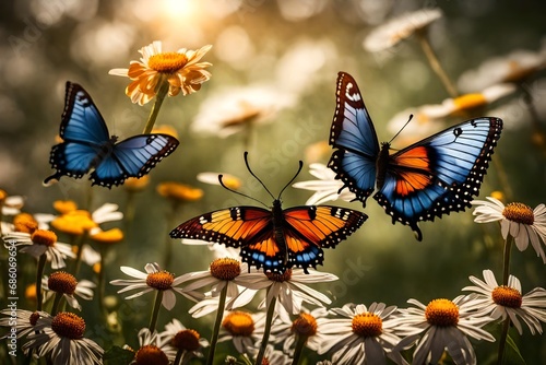 A pair of butterflies dancing among the flowers in a sunlit clearing. © AR Arts