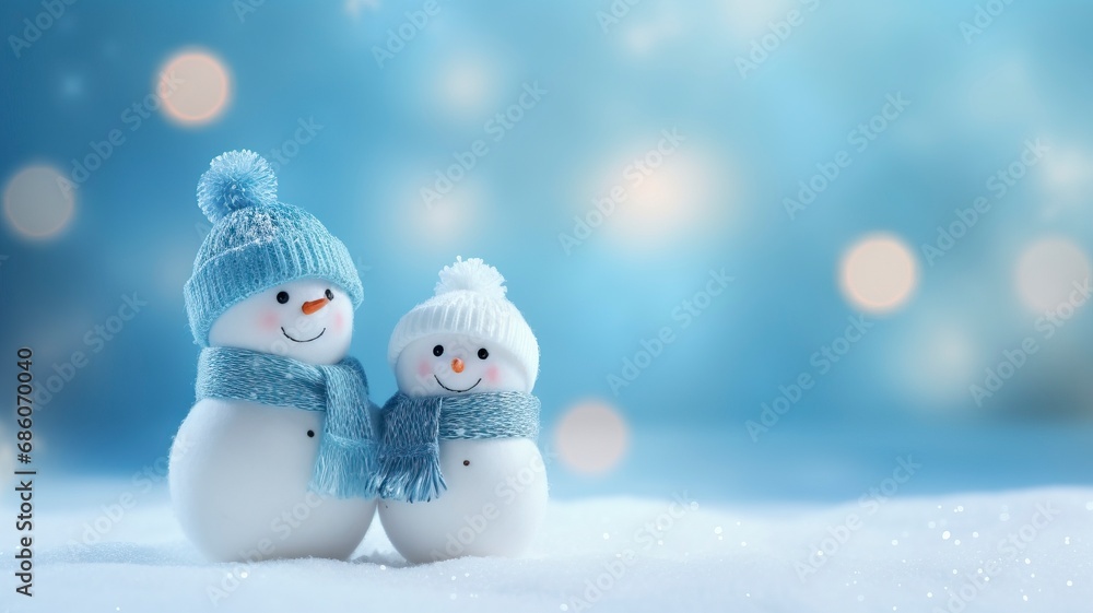 Little knitted snowmans on soft snow on blue background, copy space and generative ai Little knitted snowmans on soft snow on blue background, copy space and generative ai