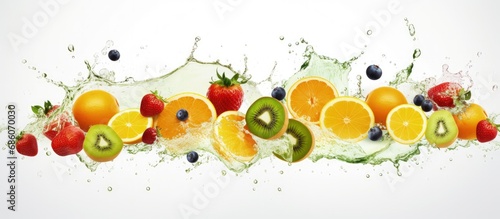 Fruit mixed and falling into splashing juices on a white background Copy space image Place for adding text or design