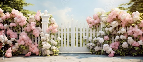 Flowering plants surround a white fence and gate in a botanical garden Copy space image Place for adding text or design photo