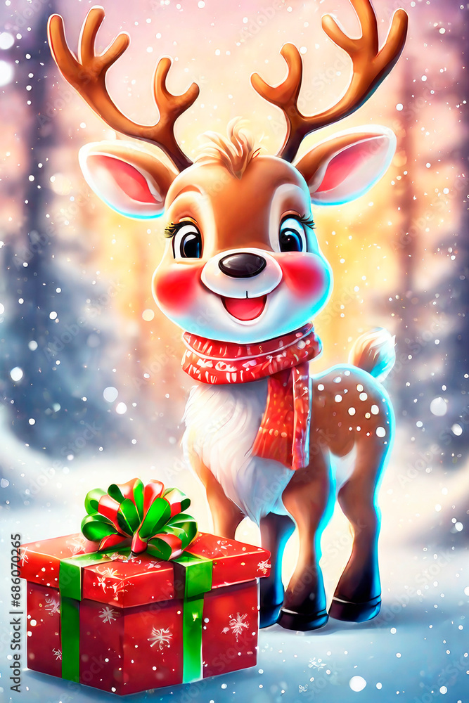 Merry christmas and happy holidays greeting card. Cute reindeer with gifts for a happy Christmas and New Year. Merry christmas and happy holidays greeting card. Cute reindeer with gifts for a happy Christmas and New Year.