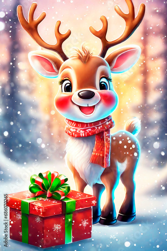 Merry christmas and happy holidays greeting card. Cute reindeer with gifts for a happy Christmas and New Year.