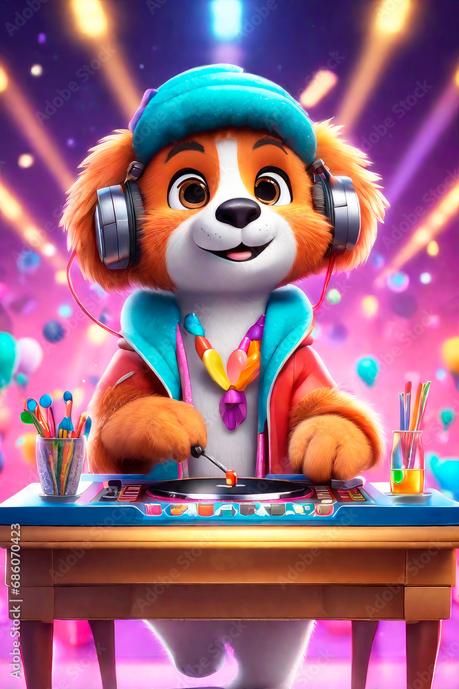 Fototapeta premium Portrait adorable animal DJ at the disco on headphones with mixing table setup. Cartoon animation character, anime style, 3d illustration.