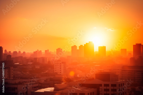 Background of a aerial view of a city rooftop bokeh at sunset. Urban warm bright light background. Generative AI