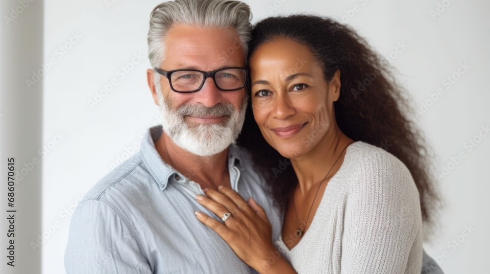 A content middle-aged duo finds solace in each other's arms. A content middle-aged duo finds solace in each other's arms.