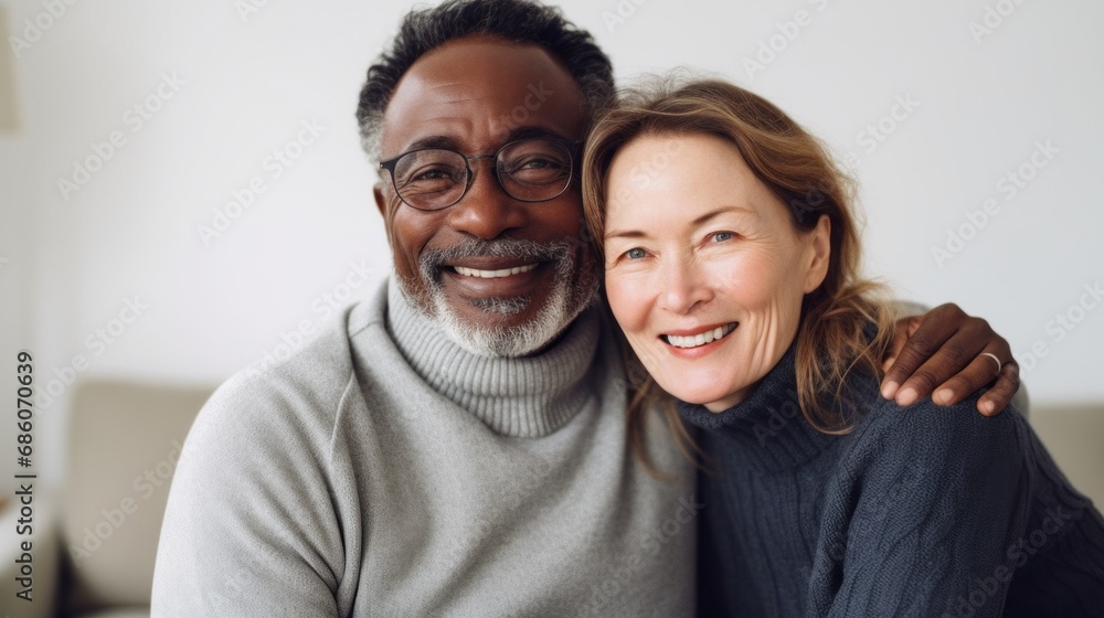 Comfortable middle-aged pair embraces with smiles in their dwelling. Comfortable middle-aged pair embraces with smiles in their dwelling.