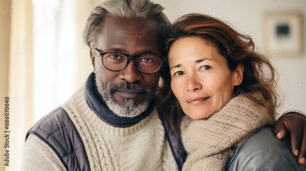 Middle-aged partners find joy in embracing within the walls of their home. Middle-aged partners find joy in embracing within the walls of their home.