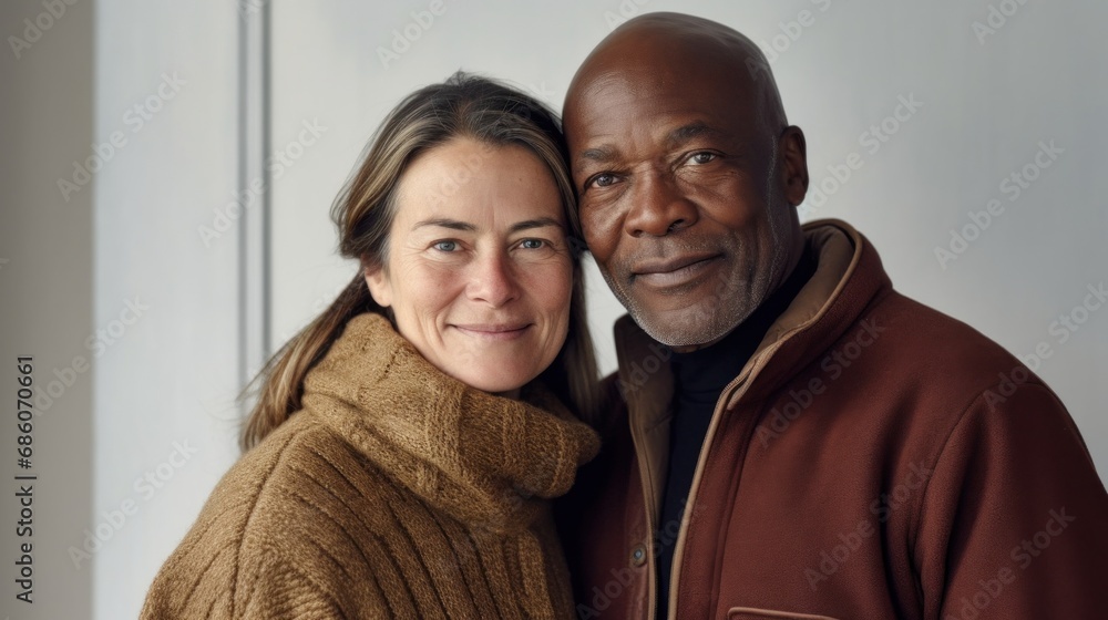 A loving 50-year-old pair finds unity through a comforting embrace. A loving 50-year-old pair finds unity through a comforting embrace.