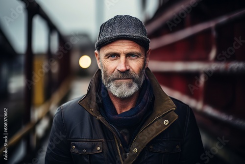 Portrait of a senior man with grey beard wearing a hat and leather jacket. © Nerea