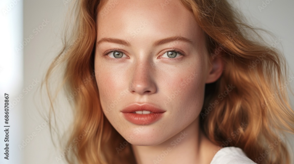 Fototapeta premium Soft lips and defined brows enhance her delicate features.