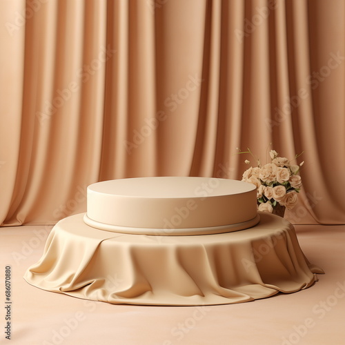 Empty round podium with background covered with beige cloth. Stand against the background of beige silk fabric curtains. Extension 7000x3500. High quality 3d illustration