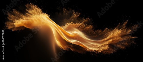 Explosion of fine sand golden grains abstract clouds yellow silica in air galaxy symbol Black background isolated Copy space image Place for adding text or design