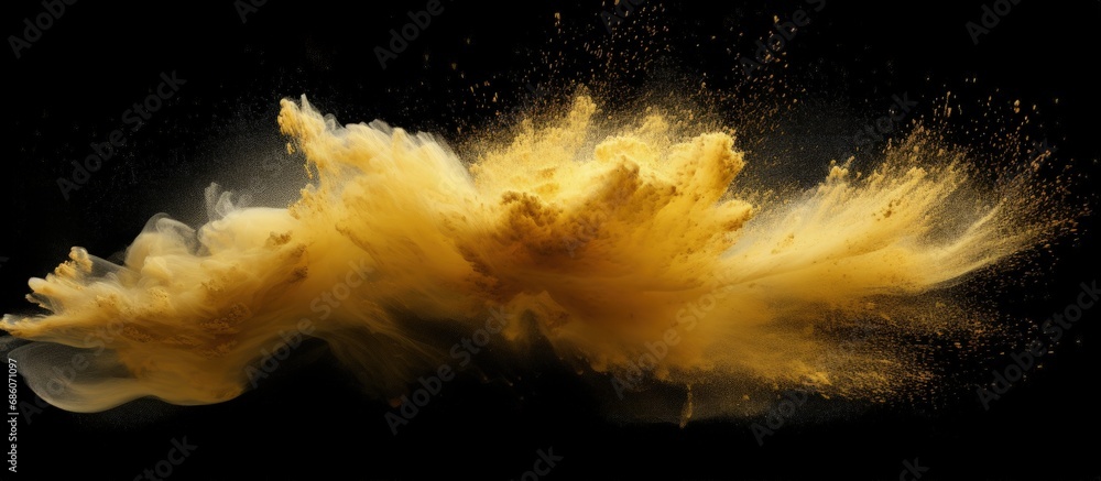 Explosion of small sand wave of golden grains abstract flying cloud yellow silica splash isolated black high speed shot Copy space image Place for adding text or design - obrazy, fototapety, plakaty 