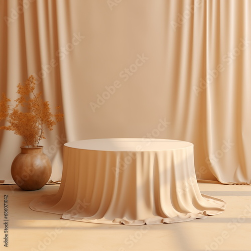Empty round podium with background covered with beige cloth. Stand against the background of beige silk fabric curtains. Extension 7000x3500. High quality 3d illustration