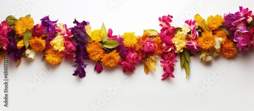 Flower border for Onam and Diwali on white background Copy space image Place for adding text or design