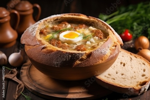 Traditional zurek. Polish rye soup. Sour bread soup served with boiled egg and sausage photo