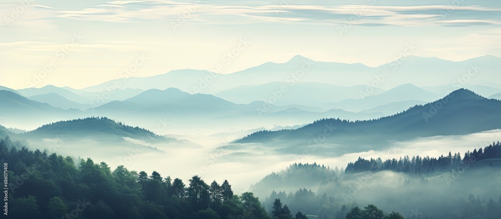 Foggy hills Morning scenery Copy space image Place for adding text or design