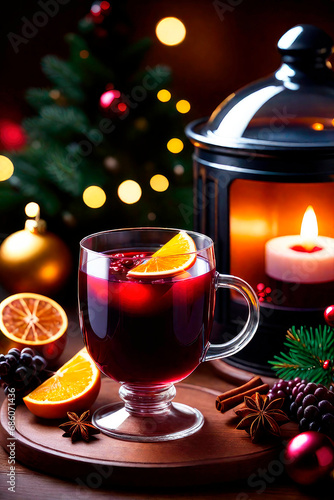 Christmas drink - mulled wine with cinnamon, anise and oranges on rustic table against the Christmas tree and blurry lights.