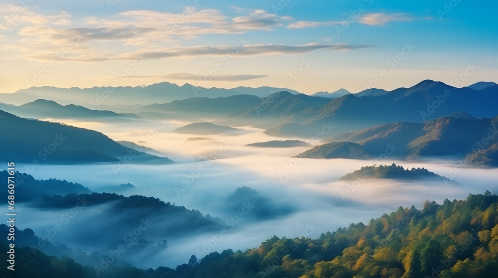 Obraz premium beautiful landscape of mountain layer in the morning sunrise.