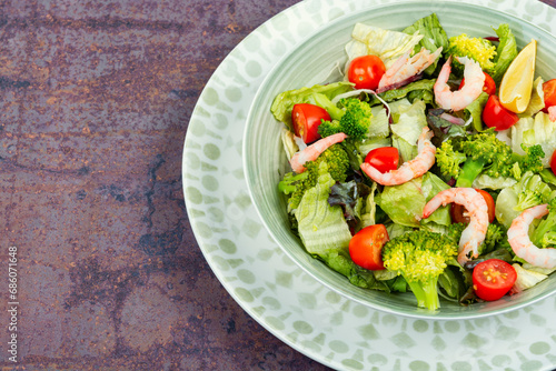 Salad with broccoli and shrimp.