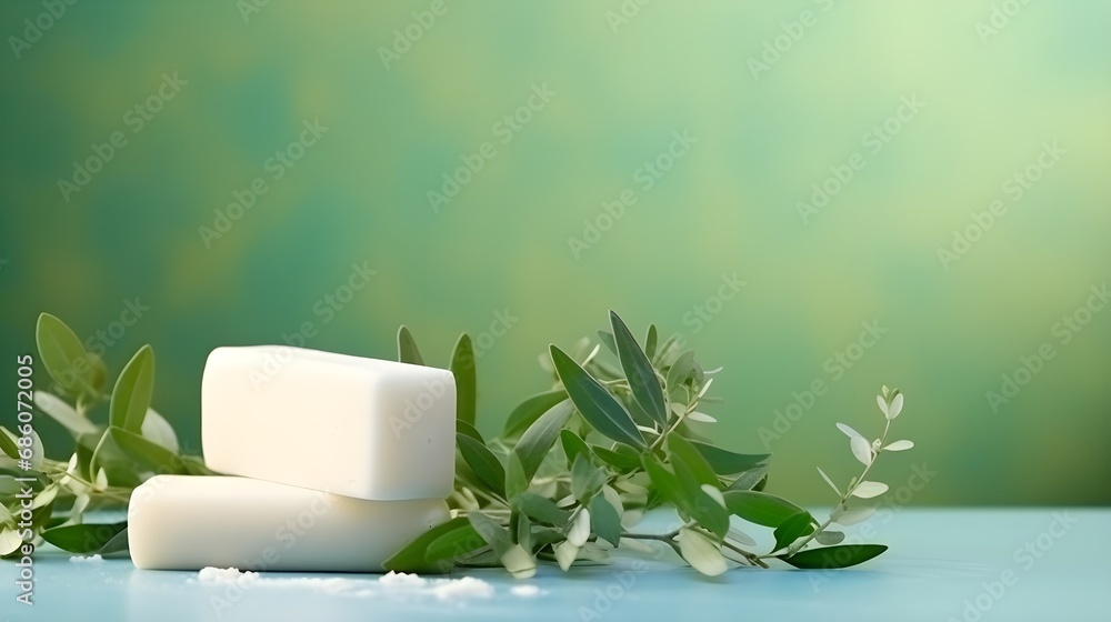 Spa concept background. Close up organic green fresh herbs with soap on a table. Spa concept background. Close up organic green fresh herbs with soap on a table.