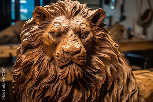 A lion was carved out of wood. Mahogany wood. Head of lion.