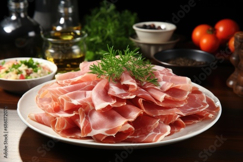 A plate of sliced meat on a table.