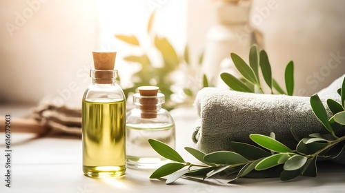 Spa concept background. Close up organic green fresh herbs with soap and bottle on a table.