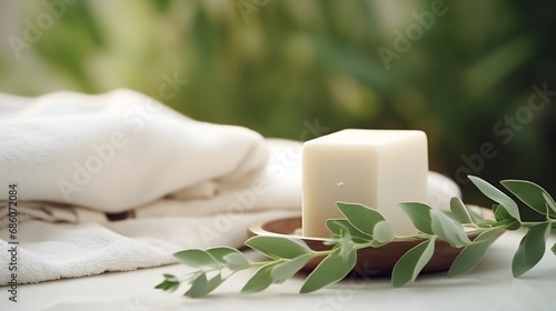 Spa concept background. Close up organic green fresh herbs with soap on a table.