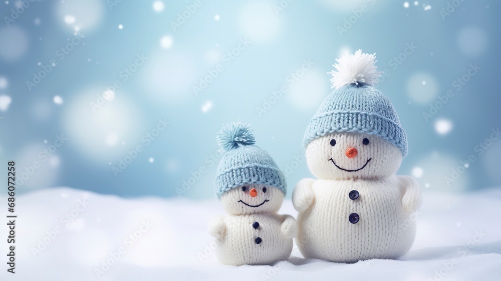 Little knitted snowmans on soft snow on blue background, copy space and generative ai Little knitted snowmans on soft snow on blue background, copy space and generative ai