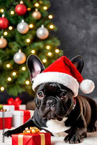New Year's happiness pets. Black French Bulldog dog wearing a santa hat near the Christmas tree. © elena_hramowa