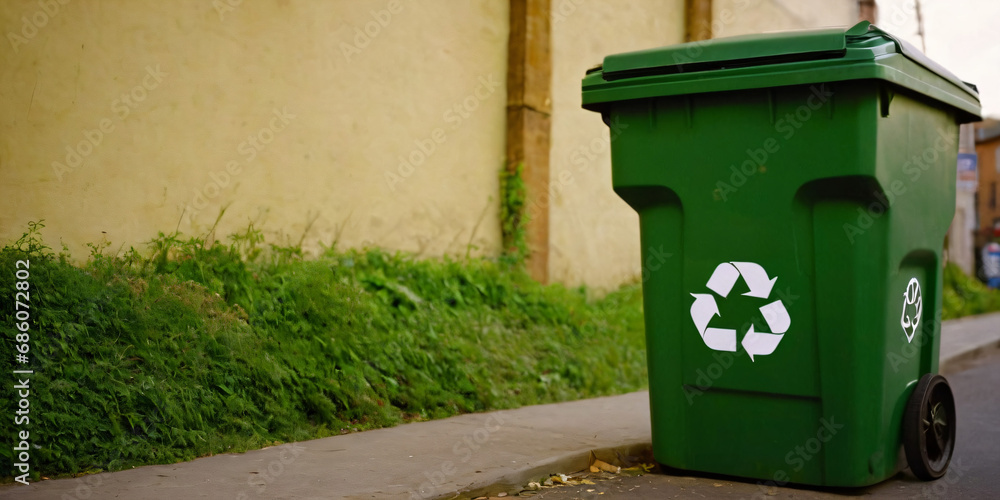 green recycling bin on the street green recycling bin on the street