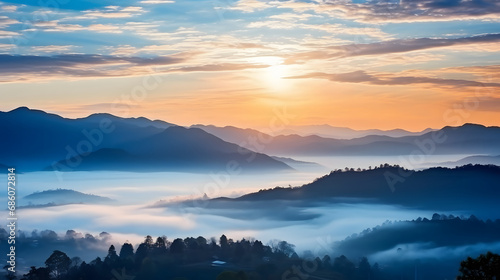 beautiful landscape of mountain layer in the morning sunrise.