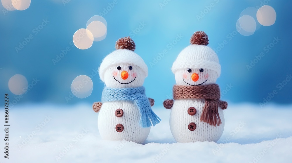 Little knitted snowmans on soft snow on blue background, copy space and generative ai Little knitted snowmans on soft snow on blue background, copy space and generative ai
