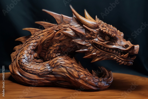 Chinese dragon statue. A dragon was carved out of wood. Mahogany wood.