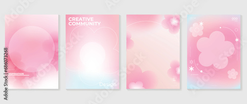 Aesthetic poster design set. Cute gradient holographic background vector with geometric shape, gradient mesh flower. Beauty ideal design for social media, cosmetic product, promote, banner, ads.