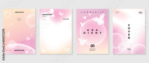 Aesthetic poster design set. Cute gradient holographic background vector with geometric shape, gradient bubble, butterfly. Beauty ideal design for social media, cosmetic product, promote, banner, ads.