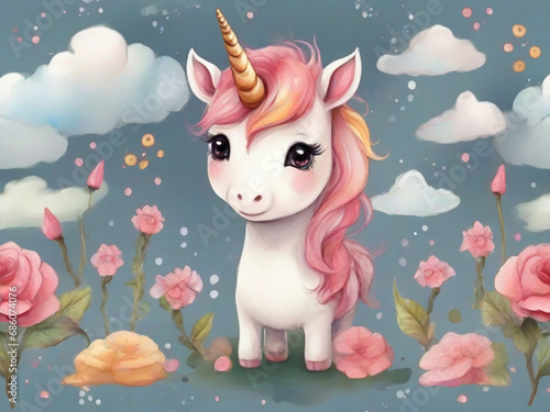 A drawing with a cute unicorn in watercolor style. © Olga