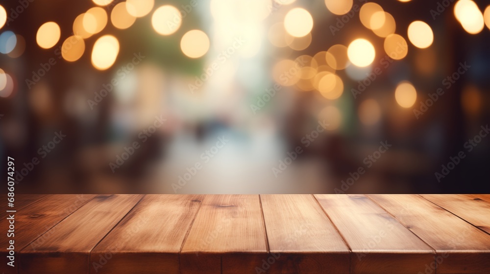Empty old wood table top and blurred bokeh cafe and coffee shop interior background with vintage filter - can used for display or montage your products.