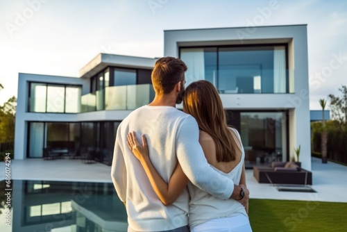 young couple looking at their dream home, standing together in front of new big modern house, outdoor, rear view