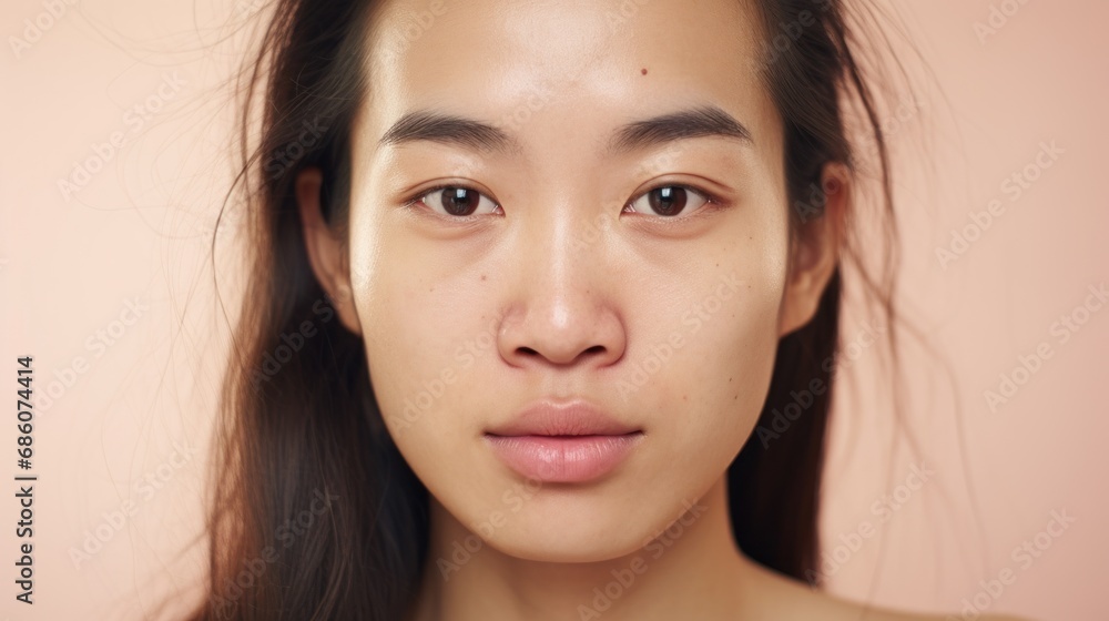 Imperfect skin adds character and uniqueness to the closeup portrait of an Asian woman. Imperfect skin adds character and uniqueness to the closeup portrait of an Asian woman.