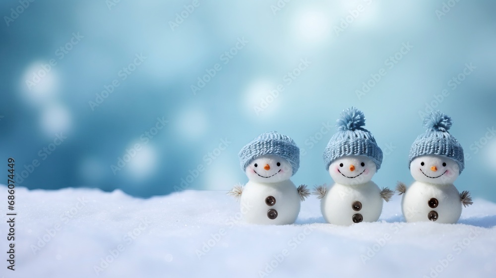Little knitted snowmans on soft snow on blue background, copy space and generative ai Little knitted snowmans on soft snow on blue background, copy space and generative ai