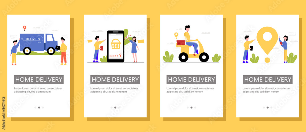 Set of flyers for delivery service with cartoon characters. illustration.